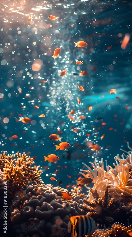 Poster Serene Underwater Scene with Floating Music Notes and Vibrant Coral Reef