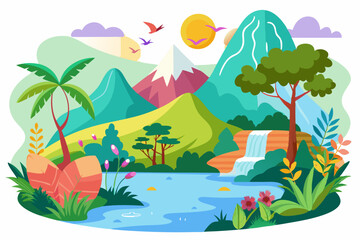 Obraz premium Lush Tropical Landscape with Waterfall and Palm Trees