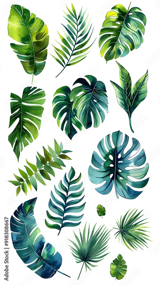 Canvas Prints Vibrant Watercolor Tropical Leaves in Shades of Green and Blue on Bright White Background