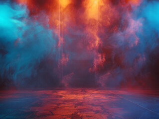 Fototapeta premium Red and Blue Neon Lights Illuminating a Smoke-Filled Room