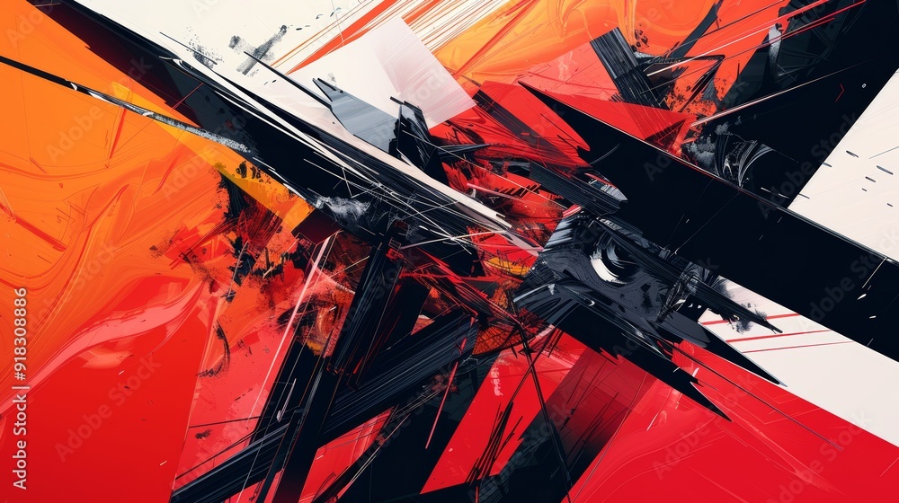 Poster abstract artwork featuring bold red and black shapes with dynamic lines in a vibrant composition