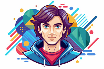 A Cartoon Illustration of a Young Man in a Blue Hoodie Against a Colorful Abstract Background