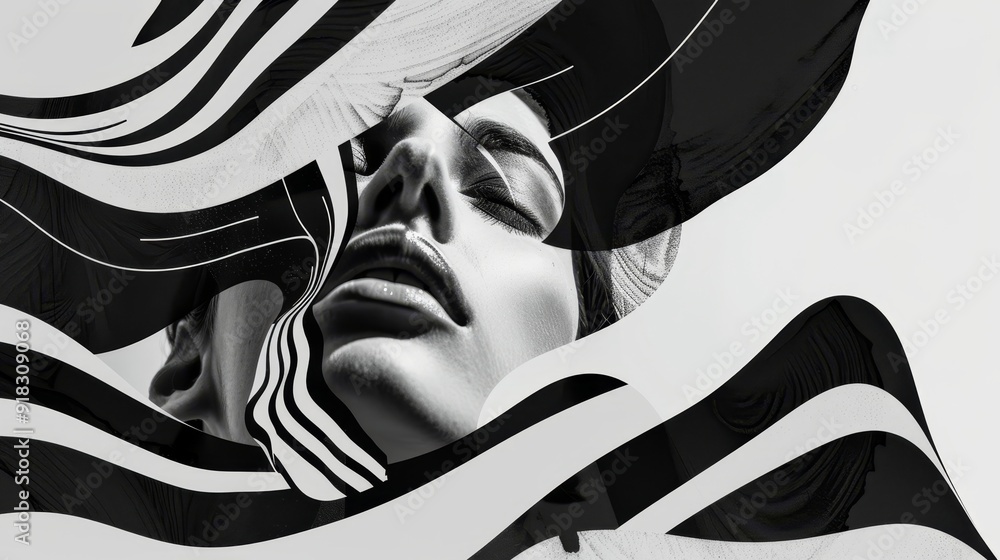 Poster abstract artistic portrayal of a woman's face with flowing black and white patterns, emphasizing emo