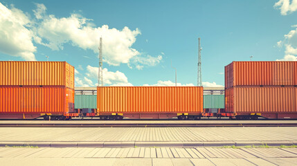 Obraz premium Mint and orange cargo containers rest on a train platform, basking in the warm sunlight beneath a beautiful blue sky with clouds