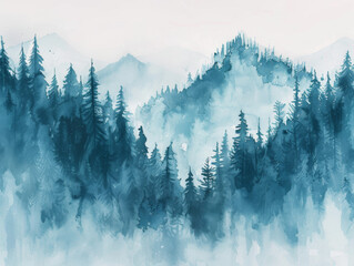 Misty Mountain Range with Silhouetted Trees