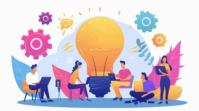 A team of diverse individuals brainstorming around a glowing light bulb, symbolizing creativity, innovation, and teamwork.