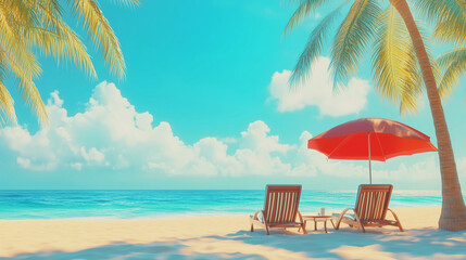 Beautiful beach landscape, Tropical nature scene, Palm trees and blue sky, Summer holiday and vacation concept, Vacation holidays background wallpaper, two beach lounge chairs under tent on beach