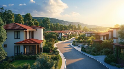 New compound landscape view, real estate agency advertising for houses for sell or rent, aerial top view