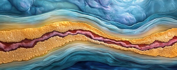 Artery cross-section with translucent plaque layers, emphasizing the gradual buildup in atherosclerosis