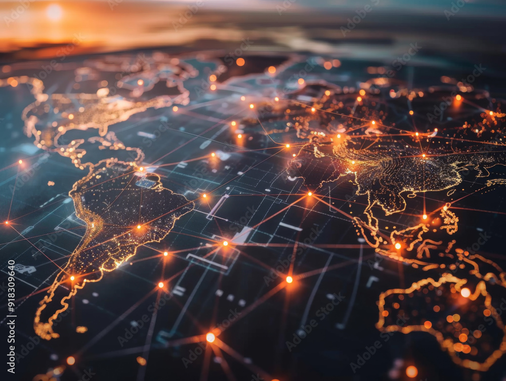 Poster global network map with luminous connections