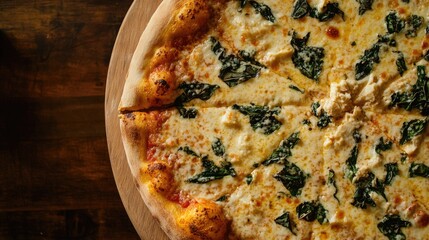 A flat lay of a gourmet pizza with a crispy crust, with room for copy