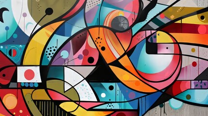 Obraz premium Vibrant abstract mural featuring bold shapes and colors in an urban setting during daylight
