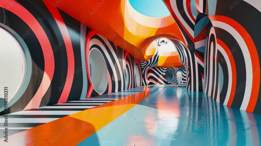Poster vibrant abstract hallway with colorful geometric patterns and reflective surface