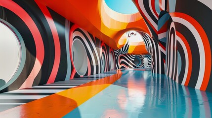 Obraz premium Vibrant abstract hallway with colorful geometric patterns and reflective surface