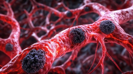 Intricate web of vessels with dark spots, symbolizing the presence of clots or blockages due to cardiovascular issues