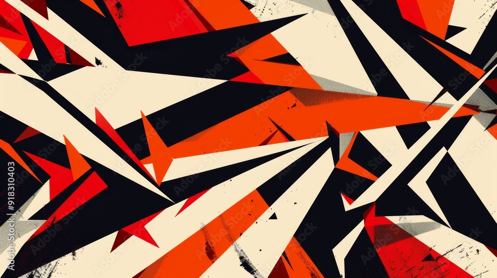 Aufkleber abstract composition of sharp geometric shapes in red, black, and cream tones creating dynamic movem