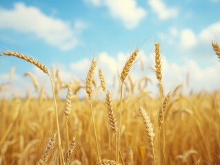 Fototapeta premium Golden Wheat Stalks in a Field Against a Blue Sky