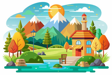 A Cozy Cabin Nestled in a Mountainous Landscape with a River Running Through It