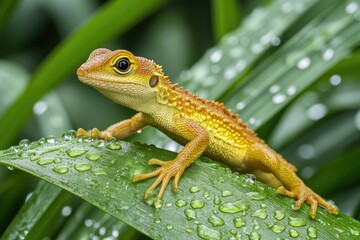 Lizard on a dew-covered leaf.