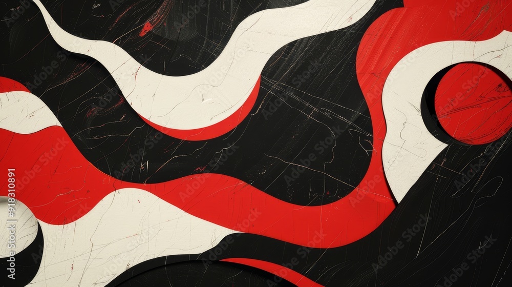 Poster abstract red, black, and white wave pattern created with fluid art techniques on canvas
