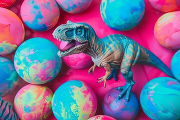 Fototapeta premium Toy dinosaur stands out amongst a sea of vividly colored balls with a marbled effect