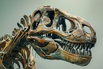 Detailed closeup of a massive tyrannosaurus rex skull, an ancient carnivorous dinosaur fossil, on exhibit at a natural history museum