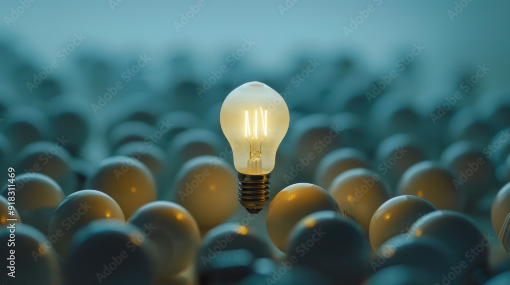 Poster a light bulb glowing amidst dull objects, representing a standout idea.