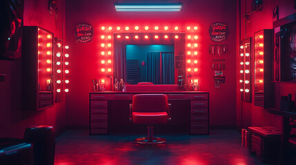 Red Lit Dressing Room With Mirrors and Lights