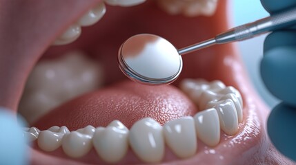 A 3D animation of a dentist examining teeth with a dental mirror. The high-resolution graphic captures every detail of the teeth and tools, making it ideal for educational or promotional purposes.