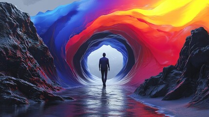 Man Walking Through a Colorful Cave