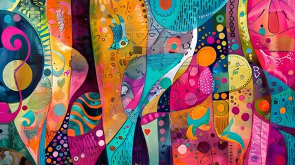 Vibrant abstract artwork featuring bold colors and dynamic patterns in a creative display