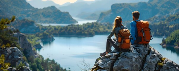 Naklejka premium Hikers Enjoying Picnic with Scenic Lake View in the Mountains Hiking and Trekking Concept