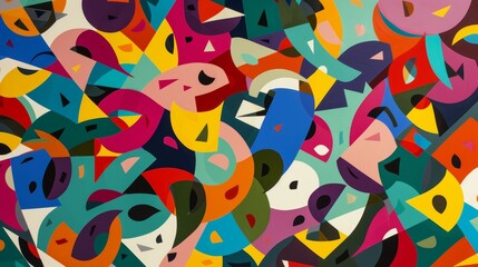 Colorful abstract art with swirling shapes and vibrant hues displayed in an artistic gallery