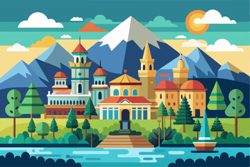 Fototapeta premium Flat-Style Illustration of a City by a Lake with Mountains in the Background