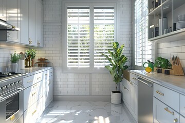 White grey minimal kitchen subway tile stainless steel appliance modern plantation shutters sink interior design
