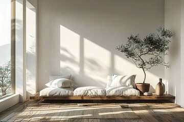 White minimalist living room interior with sofa on a wooden floor, decor on a large wall, white landscape in window. Home nordic interior. ustrationhyperrealism, photorealism, photorealistic