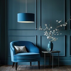 Bright interior with blue armchair, ceiling lamp and side table