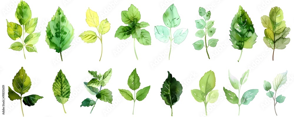 Wall mural Assorted Watercolor Mint Leaves in Various Shades of Green against White Background