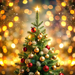 Decorated Christmas Tree with Golden Bokeh Lights