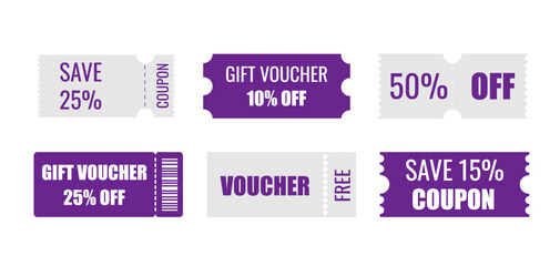 Coupon discount set. Gift voucher, promotion. Vector illustration isolated white background