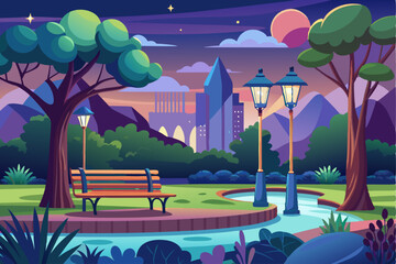 Fototapeta premium Nighttime Park Scene with Bench, Stream, and Streetlights