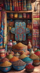 Hamsa Hand Desert Market Judaism, Islam Religion Spiritual Symbol - Generative AI