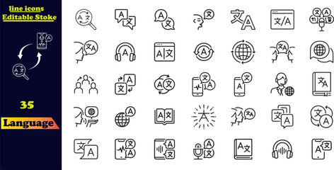 Set of outline linguistics icons. Minimalist thin linear web icon set. language skills, speech, writing, linguistics, translator and others. Language outline icons collection. Vector illustration.