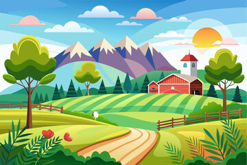 Fototapeta premium Rural Landscape with Farmhouses and Winding Road