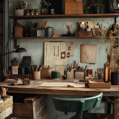 Cozy artist workspace with drawing tools, wooden desk, and stationery in a rustic setting. Perfect for creativity and brainstorming.