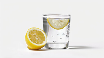 Glass of water with lemon , Magazine Style , Cinematic Style Captured With Sony FX3 27-70mm , Quality Enhanced With Ai 
