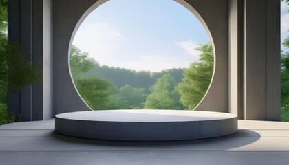 Fototapeta premium 3d render of empty concrete room with large circle window and round podium for product presentation on nature background.