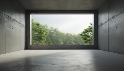 Fototapeta premium 3d render of empty concrete room with large window on nature background, Empty space for product presentation.