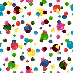 Seamless pattern set of colorful watercolor Balls. Hand drawn Christmas tree decorations. White background.