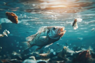 Obraz premium Fish in contaminated water. Water pollution concept.